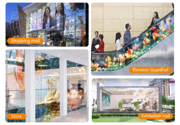 สถานการณ์การใช้งานที่หลากหลาย จอแสดงผล LED แบบโปร่งใสสามารถนำไปประยุกต์ใช้กับผนังกระจก ราวกั้นกระจก หน้าต่างกระจก และหน้าร้าน เป็นต้น และมีข้อได้เปรียบทางเทคนิคที่ชัดเจน